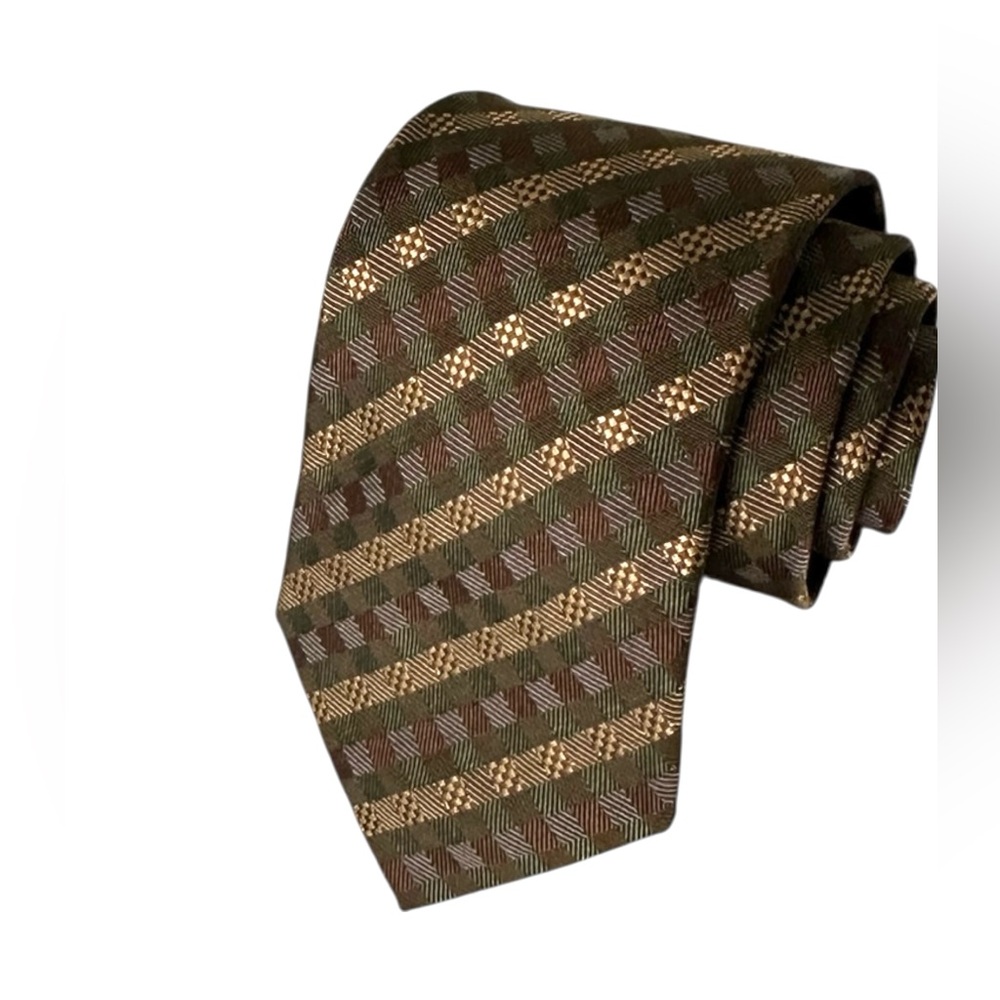 Hermès Paris Silk Tie Brown Gold Geometric Pattern Made in France Authentic - Picture 1 of 17